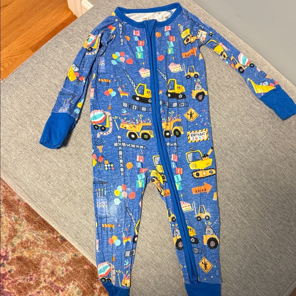Little Sleepies Blue and Yellow Footies with Construction Print birthday
